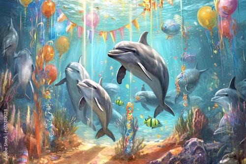 Dolphins celebrating birthday party cartoon illustration generative ai photo