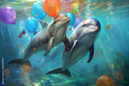 Dolphins celebrating birthday party cartoon illustration generative ai photo