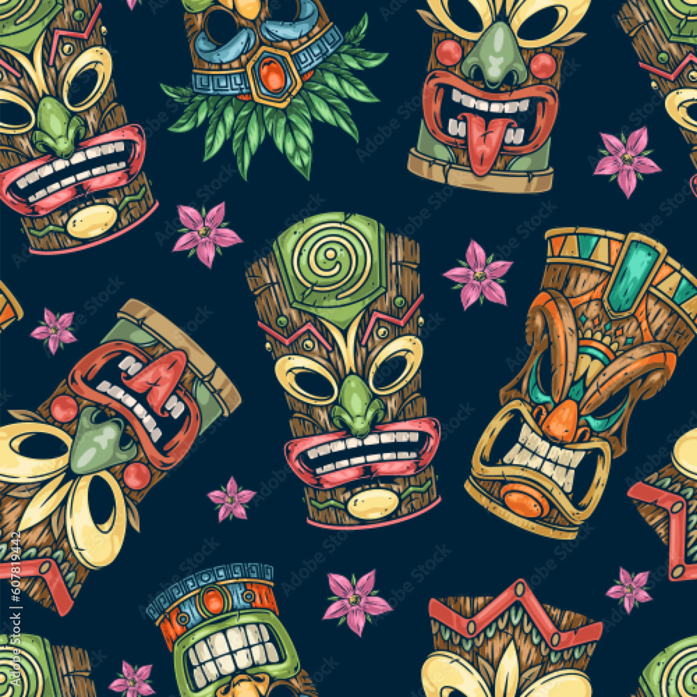 Tiki masks colorful pattern seamless Tiki masks colorful pattern seamless