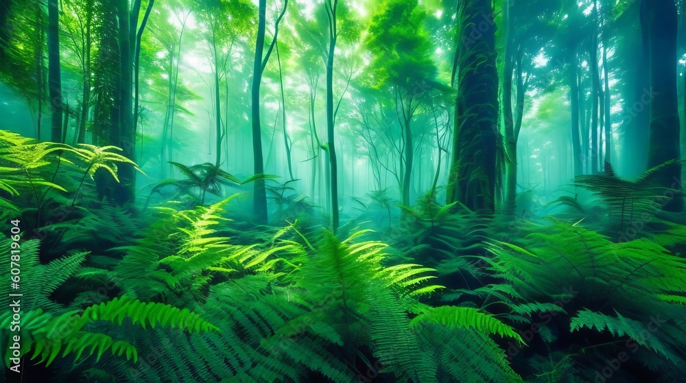 Fantastic forest with fog and ferns in the foreground. Generative ai 