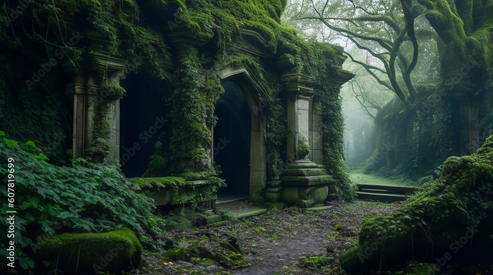 Mysterious old stone archway in a mysterious green forest. Generative ai