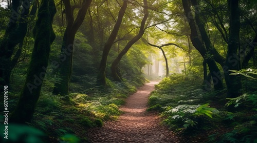 Pathway in the green forest with fog and sunlight. Nature background. Generative ai