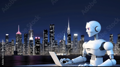Robot using laptop with background of night city. AI generated