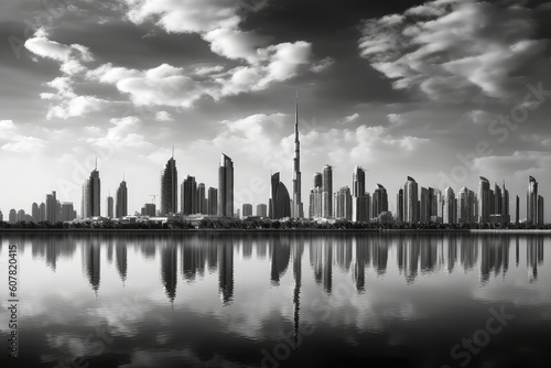 Dubai Skyline Black and White: A photograph of Dubai's skyline in black and white, which gives it a timeless, classic look. © Man888
