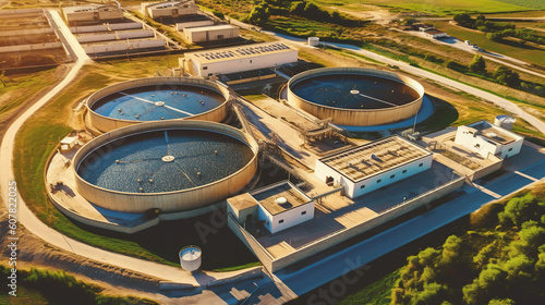 Aerial view of wastewater treatment plant, filtration of dirty or sewage water. Generative Ai