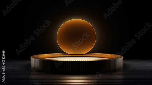 Minimal black scene with golden lines. Cylindrical gold and black podium on a black background. 3D stage for displaying a cosmetic product. Generative Ai