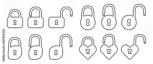 Padlock outline set isolated. Open, closed lock icon set to use in design projects for IT, cyberspace, internet security, privacy, webdesign. Rectangle, round, heart shape locks set.
