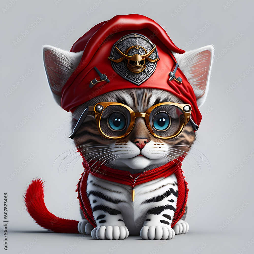 Fototapeta premium Anthropomorphic cute and adorable charming smiling pirate cat 3 clipart wearing glasses, pirate hat and red turban, 3d cartoon character.