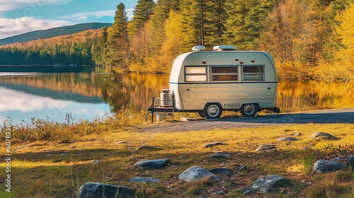 Concept of family local travel in home country on caravan or camper van and camping life with trailer of mobile home or recreational vehicle. Generative Ai