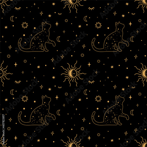Celestial cat seamless pattern. Mystery stars, sun, moon on the black repeat background. Magic boho symbols surface design. Minimal line art. Esoteric vector illustration. Hand drawn alchemy wallpaper