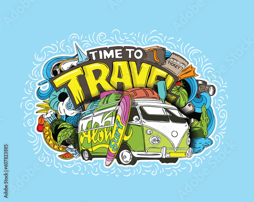 Time to travel  cartoon image with old van and inscription in doodles art style.