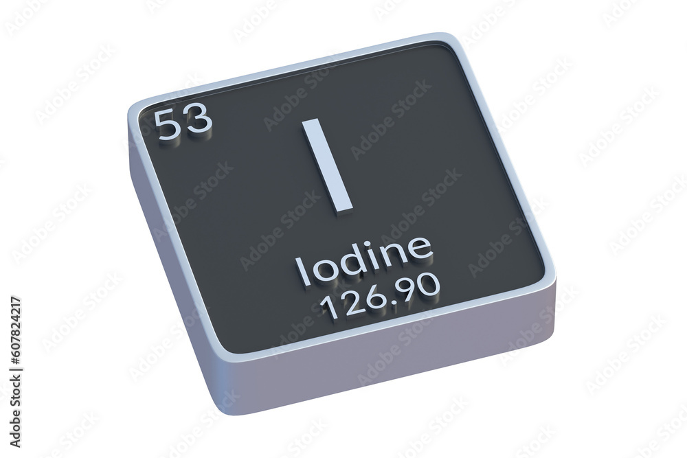 Iodine I chemical element of periodic table isolated on white background. Metallic symbol of chemistry element. 3d render Iodine I chemical element of periodic table isolated on white background. Metallic symbol of chemistry element. 3d render