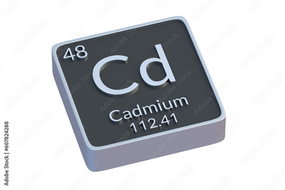 Cadmium Cd chemical element of periodic table isolated on white background. Metallic symbol of chemistry element. 3d render Cadmium Cd chemical element of periodic table isolated on white background. Metallic symbol of chemistry element. 3d render