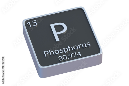 Phosphorus P chemical element of periodic table isolated on white background. Metallic symbol of chemistry element. 3d render