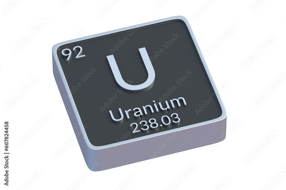 Uranium U chemical element of periodic table isolated on white background. Metallic symbol of chemistry element. 3d render