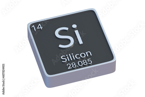 Silicon Si chemical element of periodic table isolated on white background. Metallic symbol of chemistry element. 3d render