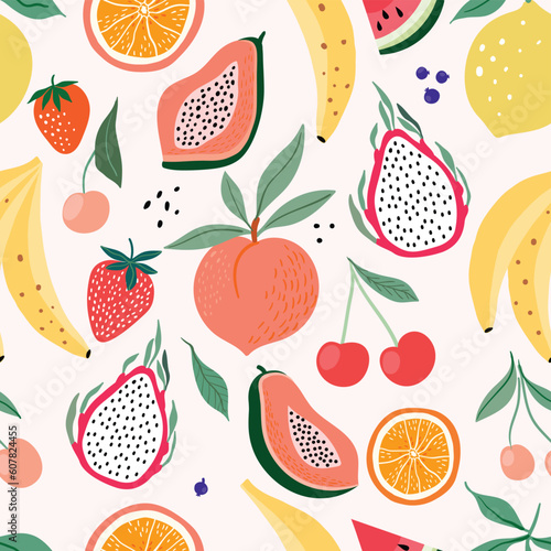 Summer seamless pattern with different fresh fruits, decorative seasonal wallpaper, background