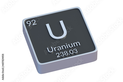Uranium U chemical element of periodic table isolated on white background. Metallic symbol of chemistry element. 3d render