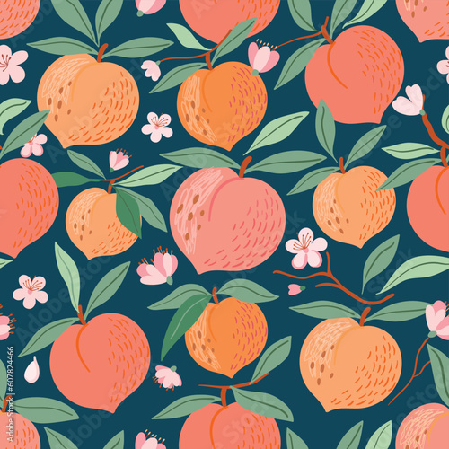 Summer seamless pattern with ripe peaches and flowers, decorative wallpaper, background