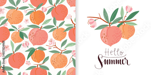 Summer set with ripe peaches, seamless pattern and greeting card, poster, invitation