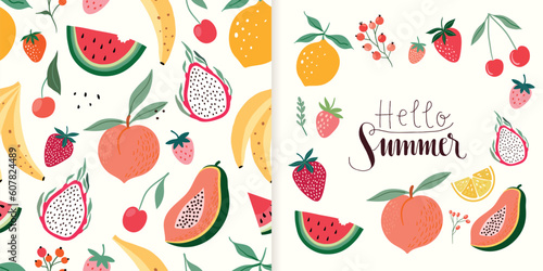 Fototapeta Naklejka Na Ścianę i Meble -  Summer set with seamless pattern and invitation, poster, greeting card, different fruits, modern trendy design