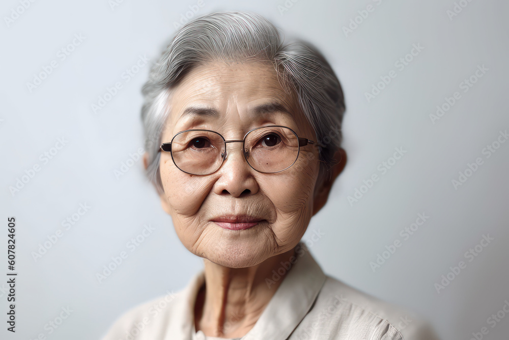 Portrait of mature Korean woman on grey background, Generative AI