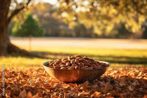 pecans in a bowl, surrounded by pecan trees and fallen leaves photo