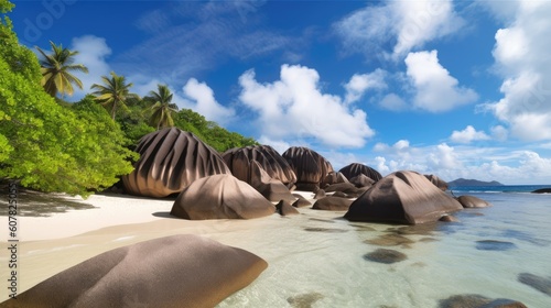 Tropical Paradise of Seychelles- Anse Source d'Argent - Beach on island La Digue. Generative AI © piai