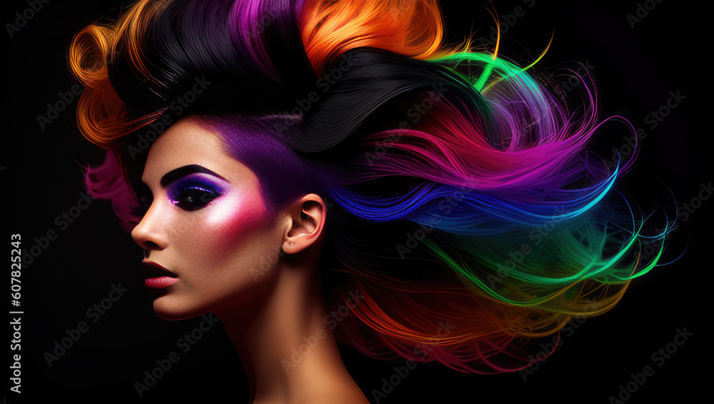 Beauty portrait of color haired young woman with makeup and long hair in neon colors. Closeup portrait banner on black background. Generative AI