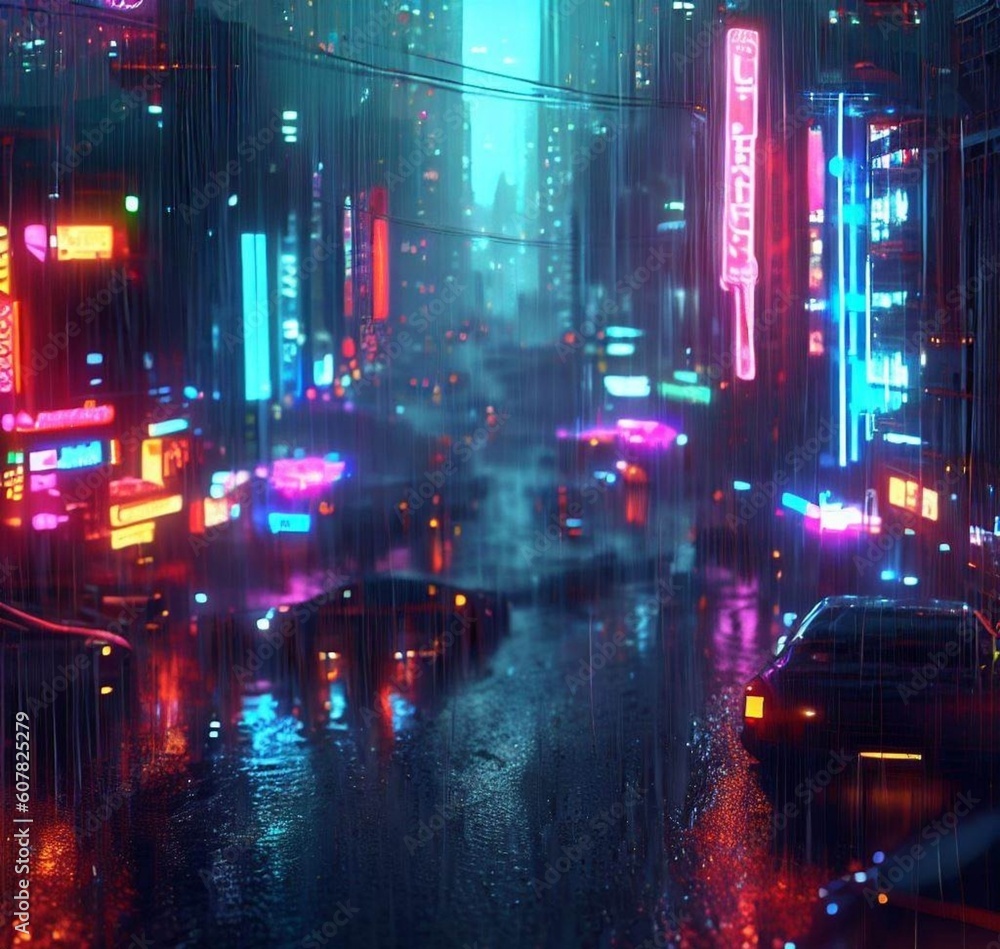 cyper city with cars and rain 