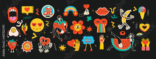 Collection multicolored vintage pop art summer stickers elements decorative design vector illustration. Set groovy style girl strawberry, sun, sunglasses, rainbow arch