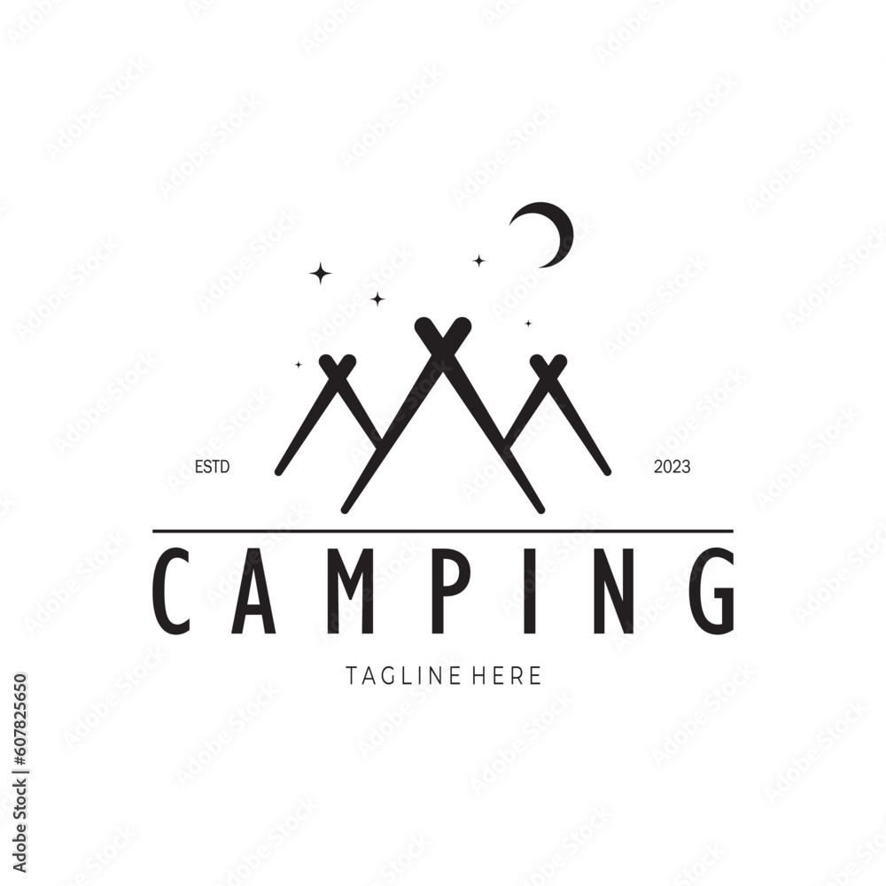 vintage and retro tent logo, camping. With tent, tree and bonfire sign