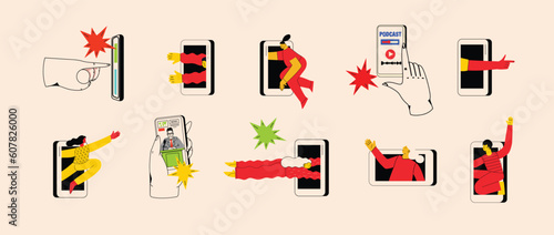 Technology of customers retention. Social media marketing and Dependence on the phone and the Internet. Illustration of the people fallen into a smartphone.