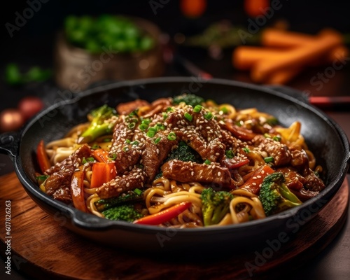 Udon noodles stir-fried with meat, vegetables, and spices, garnished with sesame seeds