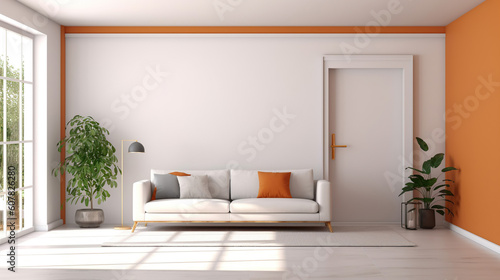 Modern living room interior with stylish comfortable sofa. Generative Ai