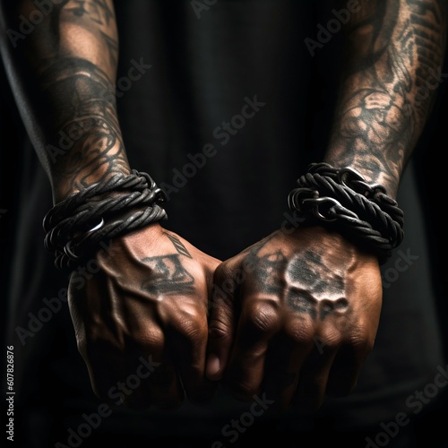 Black Prisoners Tattoo Hands Wrists in Shackles. Generative ai