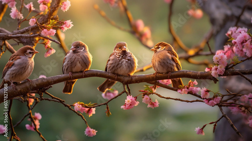Nature's Chorus: Sparrows in Harmony with Blooming Flowers and Enchanting Woodland - created with generative AI technology 