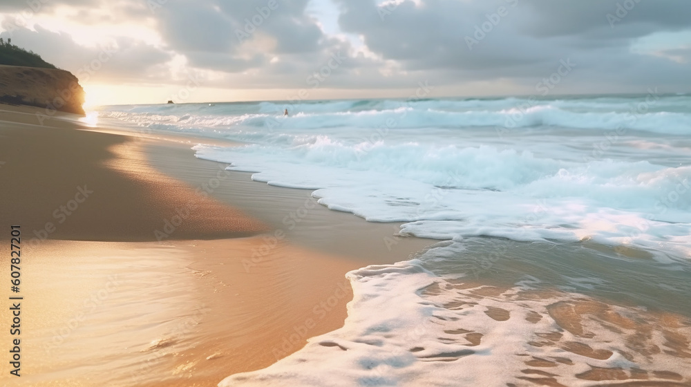 Tranquil Sunset on Sandy Beach with Captivating Ocean - created with generative AI technology