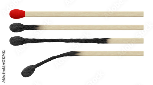 Wooden matchstick with red head and burnt isolated on transparent background.