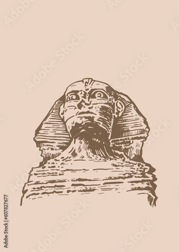 Graphical  sphinx on sepia background,vector vintage illustration . Egyptian landmark