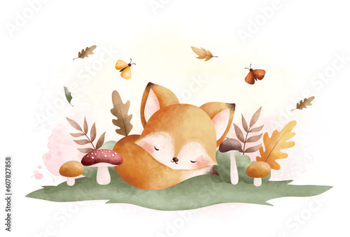 Watercolor Illustration cute baby fox sleeps on grass with mushroom and autumn leaves