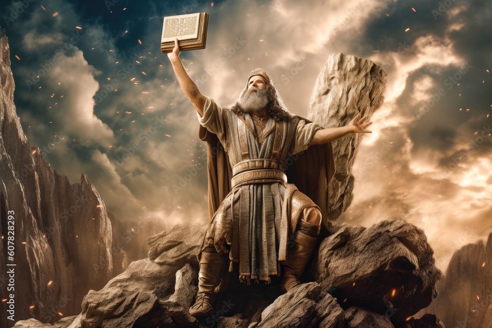 Moses raising the Gods Law the 10 Commandments on Mount Sinai ...