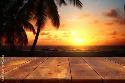 Empty wooden table top product display showcase stage. Tropical summer sunset beach bar background. Made with Generative AI