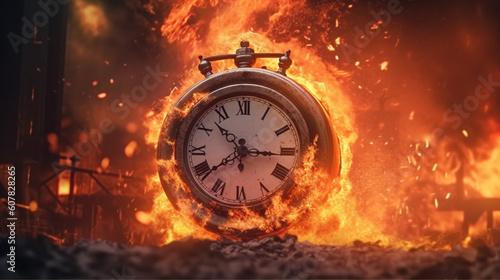 Clock on fire, clock face consumed as time burns away. Generative AI.