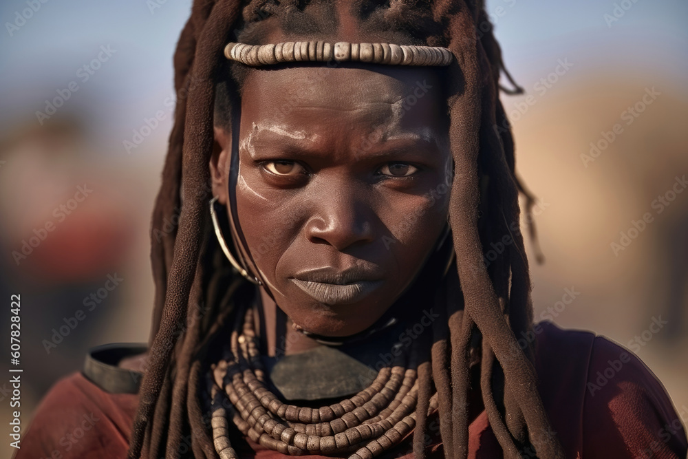 Closeup portrait features a woman from the Simba herder tribe in Namibia. With her traditional hairstyle and jewelry, she gazes seriously into the camera. Generative AI Closeup portrait features a woman from the Simba herder tribe in Namibia. With her traditional hairstyle and jewelry, she gazes seriously into the camera. Generative AI
