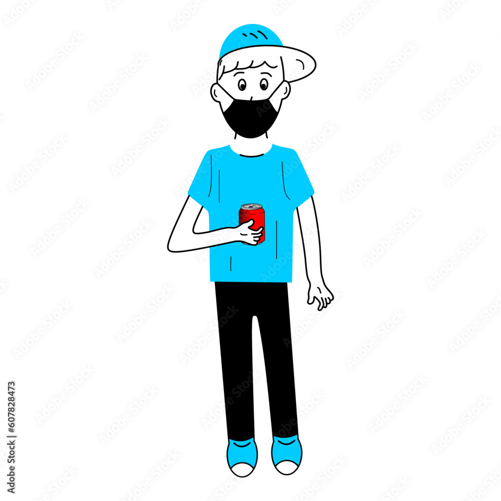 young man wearing blue shirt and hat with soft drink on hand young man wearing blue shirt and hat with soft drink on hand