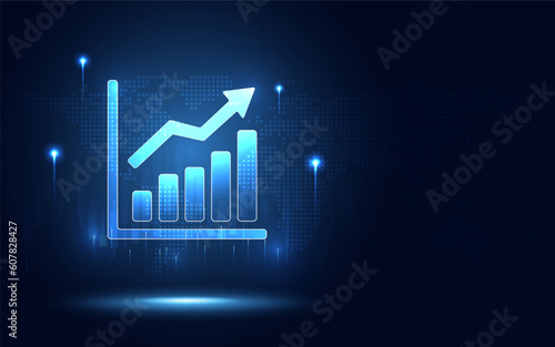 Futuristic raise arrow chart digital transformation abstract technology background. Big data and business growth currency stock and investment economy. Vector illustration