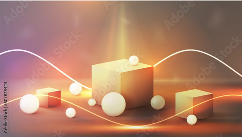 Abstract 3D orange scene with squares podiums, decorated spheres and neon orange wave line lasers . Scene for your product presentation. Vector geometric platform.