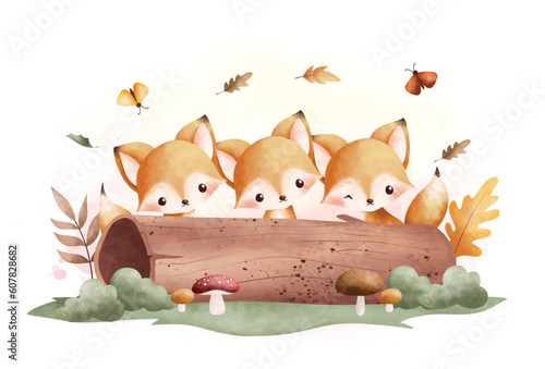 Watercolor Illustration cute baby foxeshide behind a logwood with mushroom and autumn leaves photo