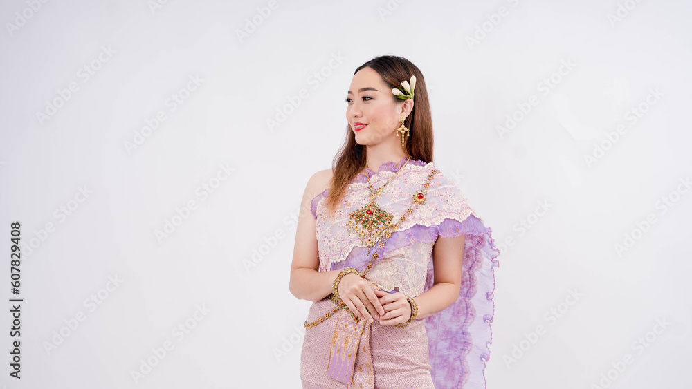 Beautiful woman with traditional thai costume smiling isolated on white background , Thailand traditional culture Beautiful woman with traditional thai costume smiling isolated on white background , Thailand traditional culture